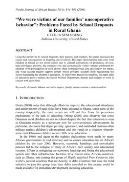 Problems Faced by School Dropouts in Rural Ghana CECILIA SEM OBENG Indiana University, United States