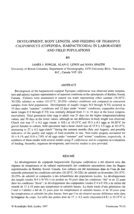 Copepoda, Harpacticoida) in Laboratory and Field Populations