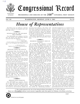 Congressional Record United States Th of America PROCEEDINGS and DEBATES of the 108 CONGRESS, FIRST SESSION