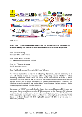 1 May 18, 2017 Letter from Organizations and Persons Serving the Haitian American Community to President Trump and Secretaries K