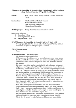 Minutes of the Annual Parish Assembly of the Parish Council Held at Lanlivery Village Hall on Wednesday 3Rd April 2019 at 7.00 Pm