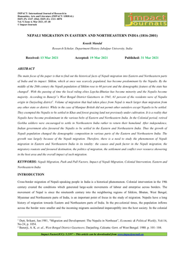 Nepali Migration in Eastern and Northeastern India (1816-2001)