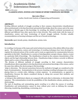 ISSN: 2776-1010 Volume 2, Issue 2, Feb, 2021 CLASSIFICATION, SYSTEM and TERMS of SPORT WRESTLING METHODS