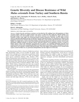 Genetic Diversity and Disease Resistance of Wild Malus Orientalis from Turkey and Southern Russia