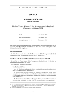 2001 No. 6 ANIMALS, ENGLAND the Pet Travel