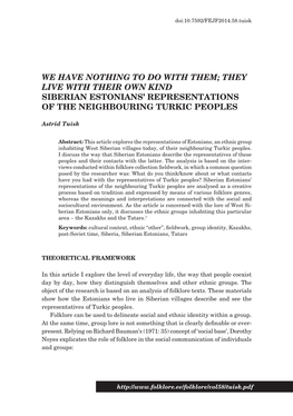 We Have Nothing to Do with Them; They Live with Their Own Kind Siberian Estonians’ Representations of the Neighbouring Turkic Peoples