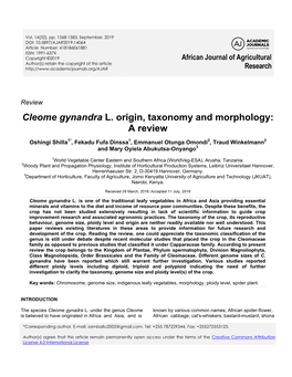 Cleome Gynandra L. Origin, Taxonomy and Morphology: a Review