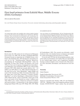 First Fossil Primates from Eckfeld Maar, Middle Eocene (Eifel, Germany)