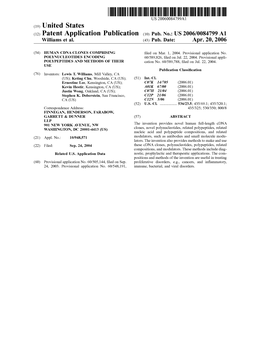 (12) Patent Application Publication (10) Pub. No.: US 2006/0084799 A1 Williams Et Al