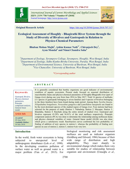 Ecological Assessment of Hooghly - Bhagirathi River System Through the Study of Diversity of Bivalves and Gastropods in Relation to Physico-Chemical Parameters