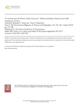 “To Friends and All Whom It May Concerne”: William Southeby's Rediscovered 1696 Antislavery Protest Author(S): Nicholas P