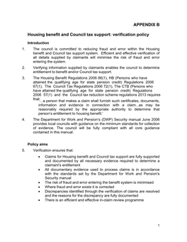 APPENDIX B Housing Benefit and Council Tax Support: Verification Policy