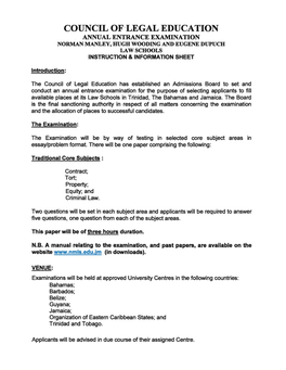 Council Of-Legal Education Annual Entrance Examination Norman Manley, Hugh Wooding and Eugene Dupuch Law Schools Instruction & Information Sheet