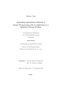 Subgradient Optimization Methods in Integer Programming with an Application to a Radiation Therapy Problem