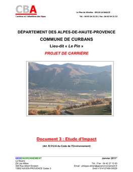 COMMUNE DE CURBANS Document 3 : Etude D'impact