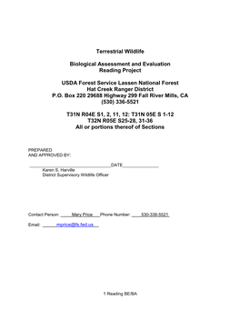 Terrestrial Wildlife Biological Assessment and Evaluation Reading Project USDA Forest Service Lassen National Forest Hat Creek R