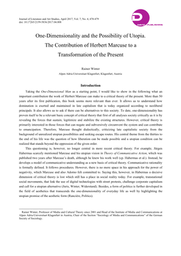 One-Dimensionality and the Possibility of Utopia. the Contribution of Herbert Marcuse to a Transformation of the Present