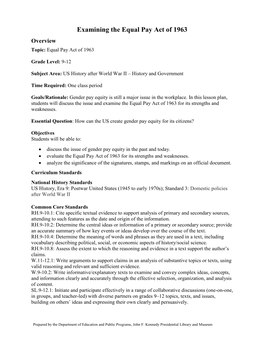 Examining the Equal Pay Act of 1963 Overview Topic: Equal Pay Act of 1963