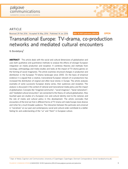 Transnational Europe: TV-Drama, Co-Production Networks and Mediated Cultural Encounters