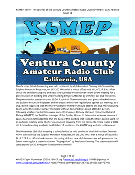 K6MEP Keyer - the Journal of the Ventura County Amateur Radio Club November, 2020 Year 84 Issue 11