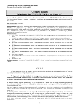 Compte Rendu De La Réunion Du CONSEIL MUNICIPAL Du 11 Mai 2017