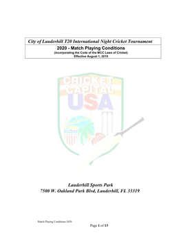 2020 City of Lauderhill Night Cricket Rules