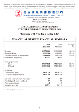 “Growing with You for a Better Life” 2020 ANNUAL RESULTS