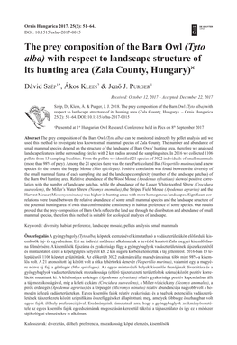 The Prey Composition of the Barn Owl (Tyto Alba) with Respect to Landscape Structure of Its Hunting Area (Zala County, Hungary)˟