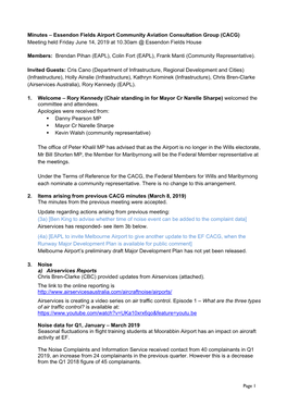 Minutes – Essendon Fields Airport Community Aviation Consultation Group (CACG) Meeting Held Friday June 14, 2019 at 10.30Am @ Essendon Fields House