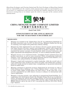 CHINA MENGNIU DAIRY COMPANY LIMITED 中國蒙牛乳業有限公司* (Incorporated in the Cayman Islands with Limited Liability) (Stock Code: 2319)