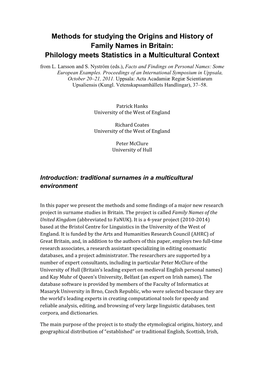 Methods for Studying the Origins and History of Family Names in Britain: Philology Meets Statistics in a Multicultural Context from L