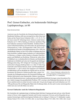 Prof. Gernot Embacher, Ein Bedeutender Salzburger Lepidopterologe, Ist 80