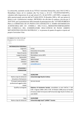 La Sottoscritta, Assistente Sociale Dr.Ssa VITALI Antonietta Immacolata, Nata Il 06/12/1962 a Montalbano Jonico Ed Ivi Residente Alla Via Como N