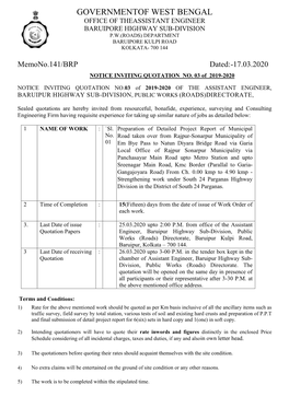 Governmentof West Bengal Office of Theassistant Engineer Baruipore Highway Sub-Division P.W.(Roads) Department Baruipore Kulpi Road Kolkata- 700 144