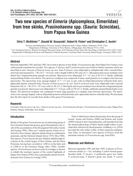 Apicomplexa, Eimeriidae) from Tree Skinks, Prasinohaema Spp