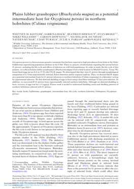 Brachystola Magna) As a Potential Intermediate Host for Oxyspirura Petrowi in Northern Bobwhites (Colinus Virginianus)