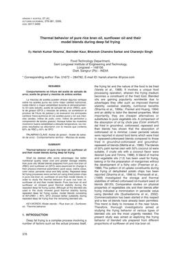 Thermal Behavior of Pure Rice Bran Oil, Sunflower Oil and Their Model Blends During Deep Fat Frying