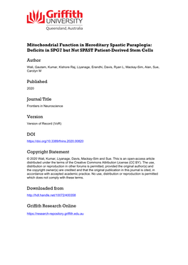 Mitochondrial Function in Hereditary Spastic Paraplegia: Deficits in SPG7 but Not SPAST Patient-Derived Stem Cells