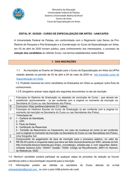 Ministério Da Educação Universidade Federal De Pelotas Sistema Universidade Aberta Do Brasil Centro De Artes Curso De Especialização Em Artes