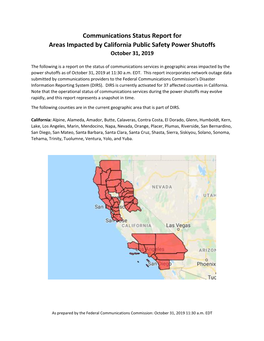 Communications Status Report for Areas Impacted by California Public Safety Power Shutoffs October 31, 2019