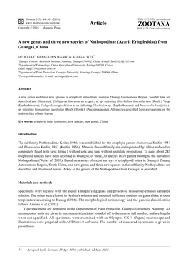 Zootaxa, a New Genus and Three New Species of Nothopodinae