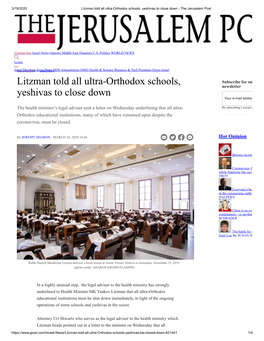 Litzman Told All Ultra-Orthodox Schools, Yeshivas to Close Down - the Jerusalem Post
