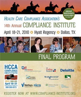 14Th Annual Compliance Institute April 18–21, 2010 ✪ Hyatt Regency ✪ Dallas, TX