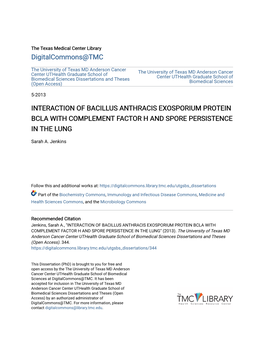 Interaction of Bacillus Anthracis Exosporium Protein Bcla with Complement Factor H and Spore Persistence in the Lung