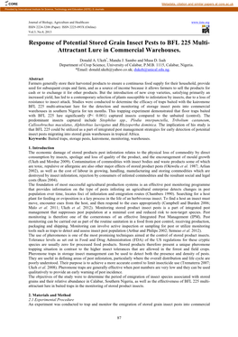 Response of Potential Stored Grain Insect Pests to BFL 225 Multi- Attractant Lure in Commercial Warehouses