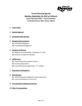 Council Meeting Agenda Monday, September 25, 2017 at 7:00 P.M