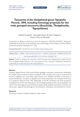 Taxonomy of the Thelyphonid Genus Typopeltis Pocock, 1894, Including Homology Proposals for the Male Gonopod Structures (Arachnida, Thelyphonida, Typopeltinae)