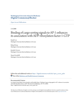 Binding of Cargo Sorting Signals to AP-1 Enhances Its Association with ADP Ribosylation Factor 1-GTP Intaek Lee Washington University School of Medicine in St