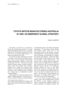 Toyota Motor Manufacturing Australia in 1995: an Emergent Global Strategy