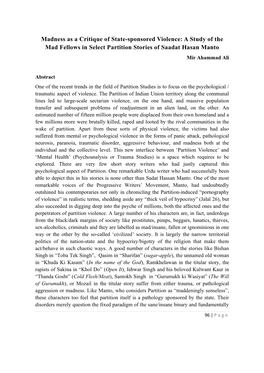 Madness As a Critique of State-Sponsored Violence: a Study of the Mad Fellows in Select Partition Stories of Saadat Hasan Manto Mir Ahammad Ali